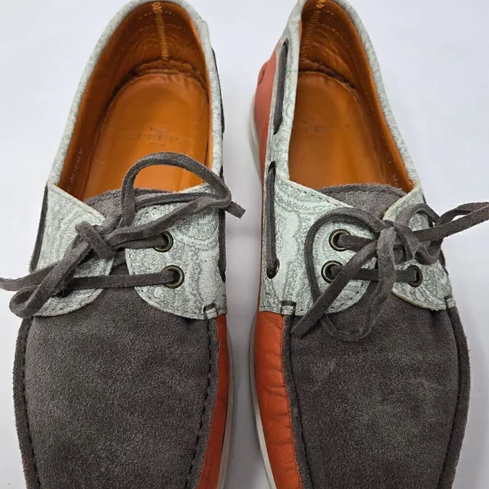 ETRO MILANO ORANGE BROWN LEATHER PAISLEY BOAT SHOES MENS SIZE 41 US 8